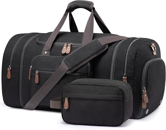 Sucipi Canvas Travel Duffel Bag for Men, Weekend Overnight Bag with Shoe Compartment and Toiletry Bag, Carry-On for Airplanes, Black