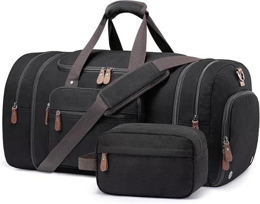 Sucipi Canvas Travel Duffel Bag for Men, Weekend Overnight Bag with Shoe Compartment and Toiletry Bag, Carry-On for Airplanes, Black