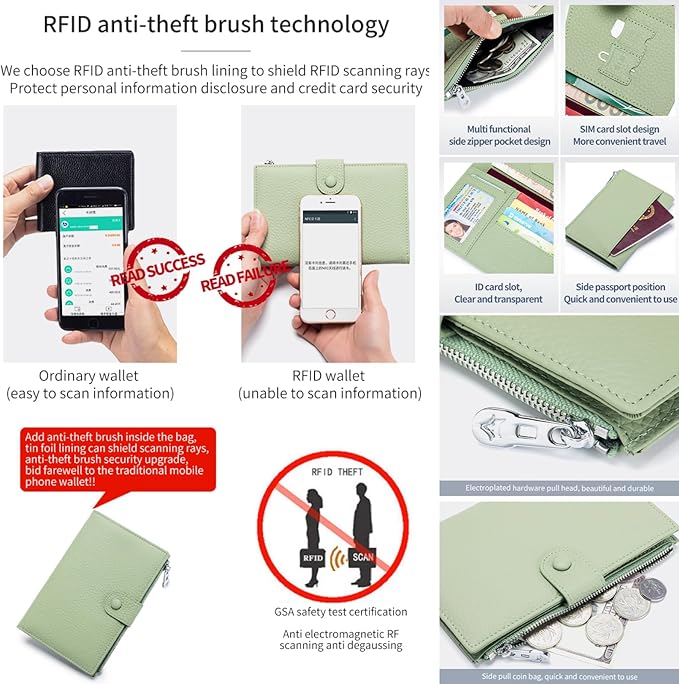 Genuine Leather RFID Blocking Passport Holder Wallet, Multi-Functional Travel Document Organizer with SIM Card Slots (Green)