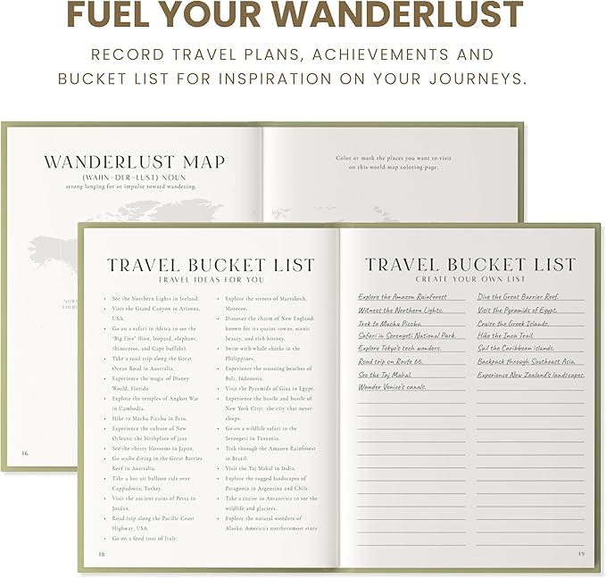 Inspired Ink Travel Journal for Women and Men Travel Bucket List Journal 210 Pages Traveler Adventure Notebook – Itinerary Planner Organizer & Traveling Memory Diary Memorial Gift for Travelers - Green