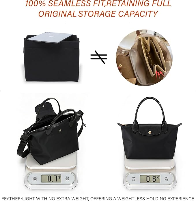 Premium Felt Purse Organizer Insert for Longchamp Le Pliage S, Zipper Long Champ Bag Organizer Insert with Cup Holder, 9 Compartments(Beige, Small)
