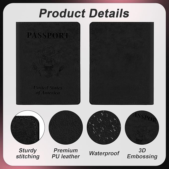 Black and Pink Passport Holder for Travel, 2 PCS Passport Holder, Travel Passport Holders Must Haves for Women Men, Passport Cover Passport Wallet Case Holders for Travels Cruise Ship Essentials Gifts