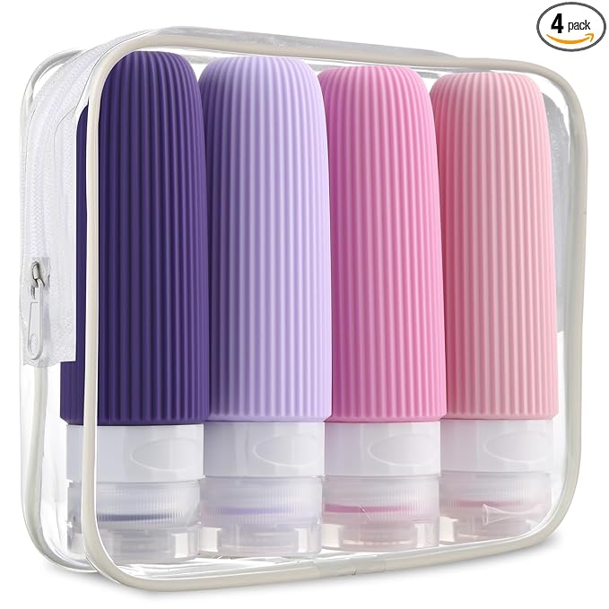 Mrsdry Travel Bottles for Toiletries, Tsa Approved 3oz Portable Travel Bottles, BPA Free Leak Proof Squeezable Silicone Travel Size Containers, Travel Accessories with Clear Toiletry Bag (4 Pack)