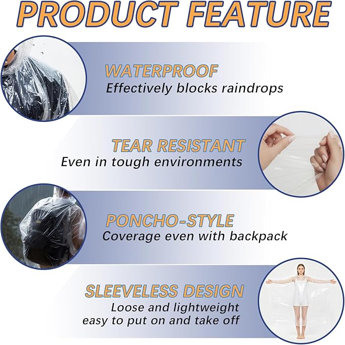 30 Pack Disposable Rain Ponchos for Adults, Emergency Clear Poncho with Hood Waterproof Bulk Plastic Rain Coat Family Pack for Hiking, Camping, Travel