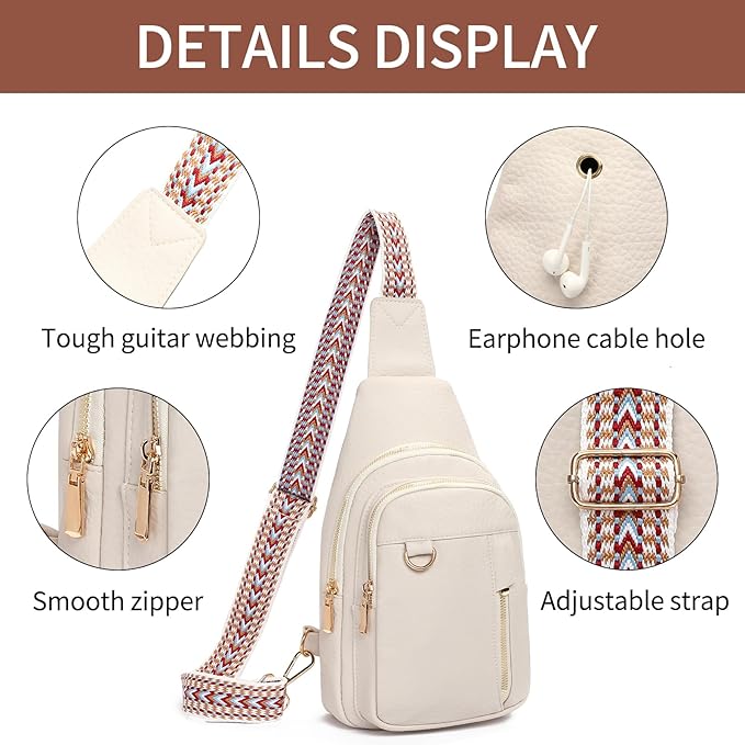 GAEKEAO Sling Bag for Women Vegan Leather Crossbody Bags Travel Fanny Pack Chest Bag Purse with Adjustable Wide Guitar Strap