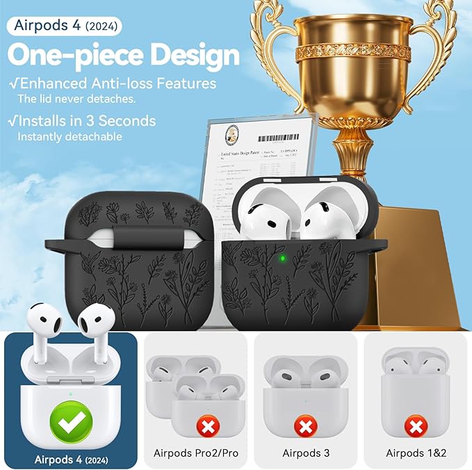 for Airpods 4 Case with Magnetic Lid, Ekoonpft Flower Engraved Cases for Apple AirPods 4th Generation 2024, Soft Silicone Cover for Women Girly with Cleaning Kit & Keychain, Shockproof