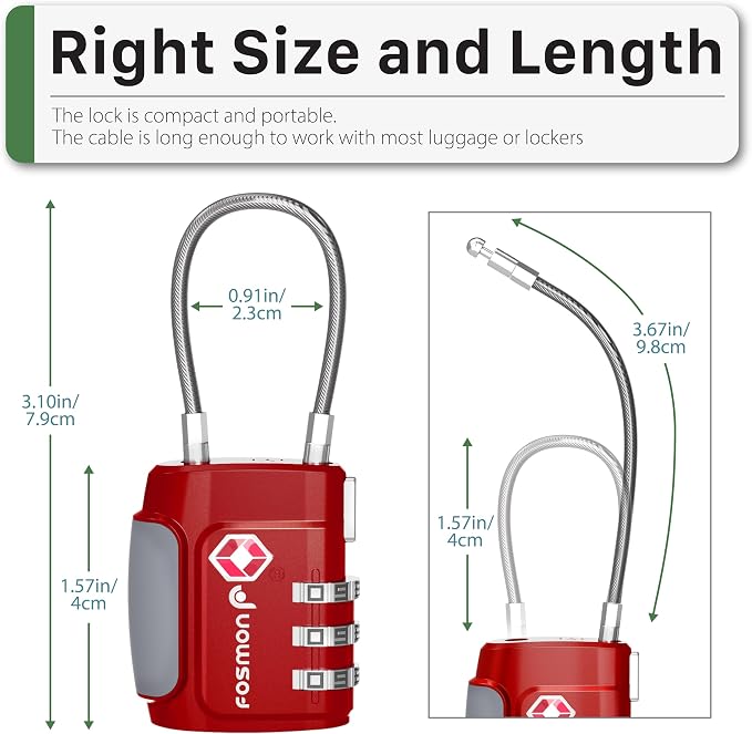 Fosmon TSA Accepted Cable Luggage Locks, (2 Pack) Re-settable Easy to Read 3 Digit Combination with Alloy Body and Release Button for Travel Bag, Suit Case & Luggage - Red