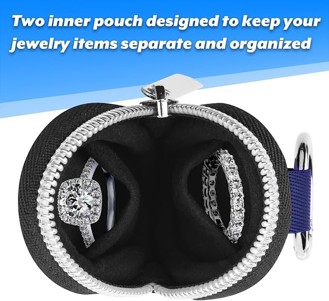 Homakover Portable Ring Organizer Case with Keychain, Traveling Ring Holder Storage Bag, Anti-Lost Keychain Container for Rings, Jewelry (1, Dark Blue)