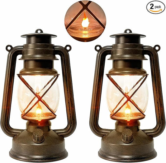 2 Pack LED Vintage Lantern Battery Powered Lanterns with Flame Wick Waterproof Camping Lamp Vintage LED Flame Lamp Hanging Lantern Lights Landscape Patio Garden Pathway Decor for Indoor/Outdoor Use