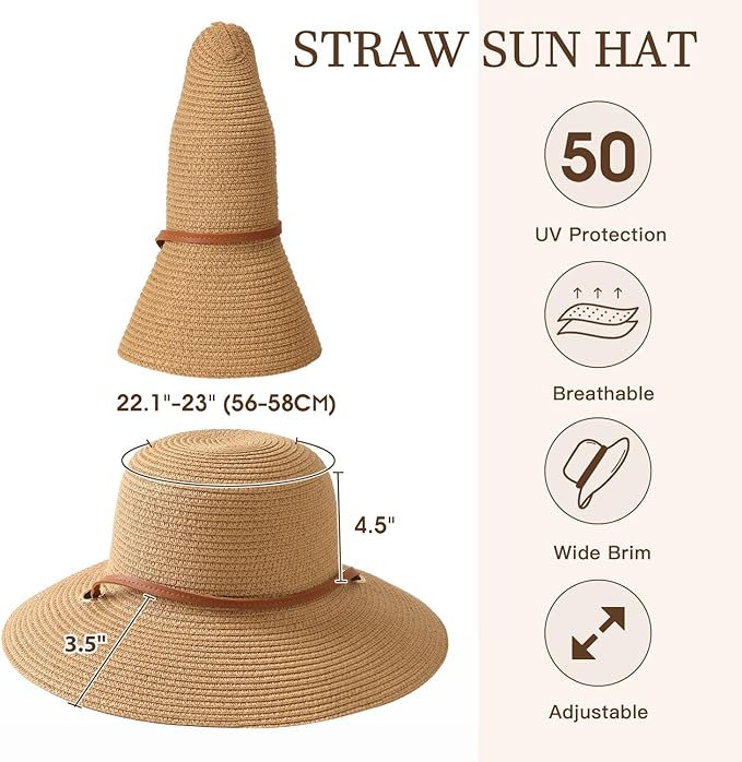 Beach Hat for Women, Wide Brim Sun Straw Hats for Women, Sun Hat Womens UPF 50+ UV Protection, Floppy Foldable Summer Hats