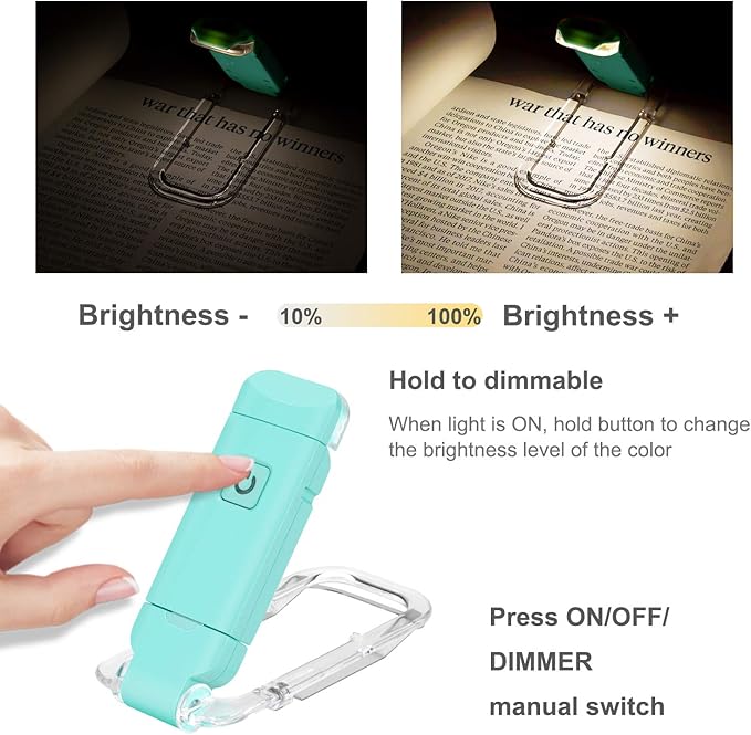 HONWELL Rechargeable Clip On LED Book Light, 3 Brightness Levels Dimmable Bookmark Light for Eye-Protection, Portable Reading Lamp for Bookworms, Travel (Blue)