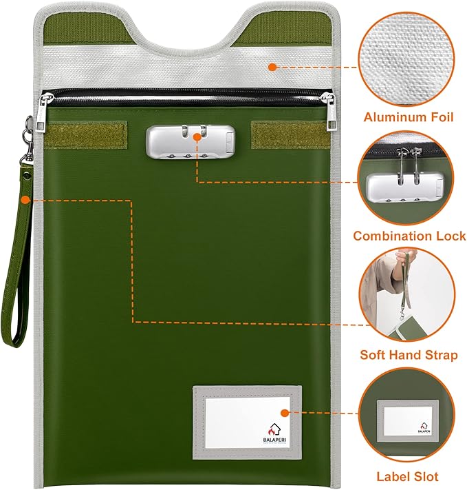 Document Safe Bag with Lock (5200℉), 15”x 11”Travel Document Holder, Fireproof Zipper Pouch for A4/A5/Legal/Letter Size Document, Tablet, Valuables, Money and Passport(Olive Drab)