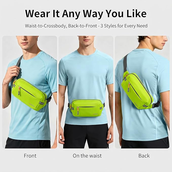 Fanny Pack for Men Women 2L Lightweight Waist Belt Hip Bag Slim Crossbody Adjustable Water Resistant Bum Belt Pouch for Travel Running Shopping Hiking Cycling Climbing EDC GREEN