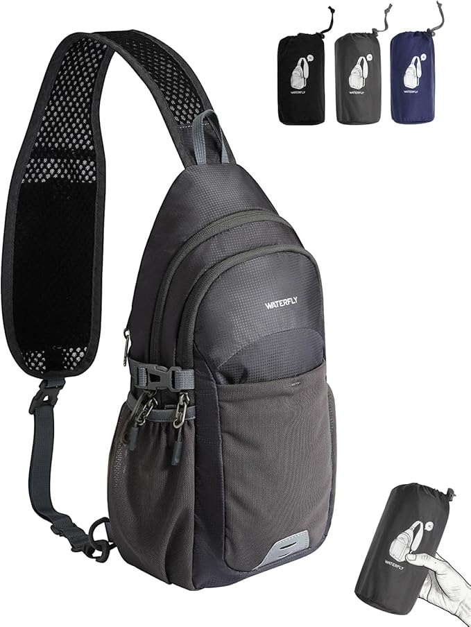 WATERFLY Packable Crossbody Sling Bag: Small Lightweight Travel RFID Blocking Sling Daypack with Water Bottle Holder - Shoulder Chest Bag Backpack for Women Men Hiking Traveling Theme Parks