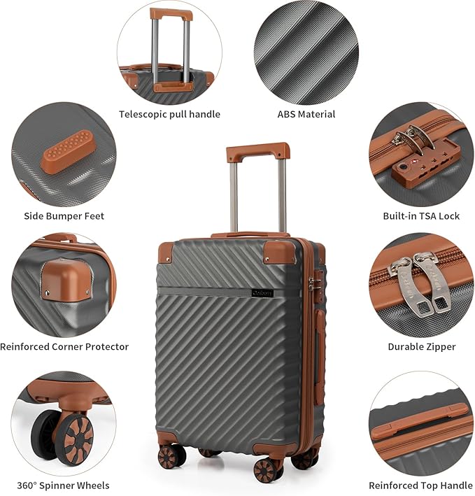 Cosbarn Luggage Sets 5 Piece with TSA Lock Spinner Wheels, Unisex Hard Case ABS Suitcase Set, Hardshell Lightweight Waterproof Travel Hardside Suitcases with Wheels for Women Men, Grey
