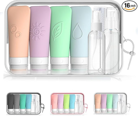 16-Piece Silicone Travel Bottles Set – TSA Approved Leakproof Toiletry Kit with Flat Easy-Squeeze Bottles, Pump & Spray, Waterproof Bag