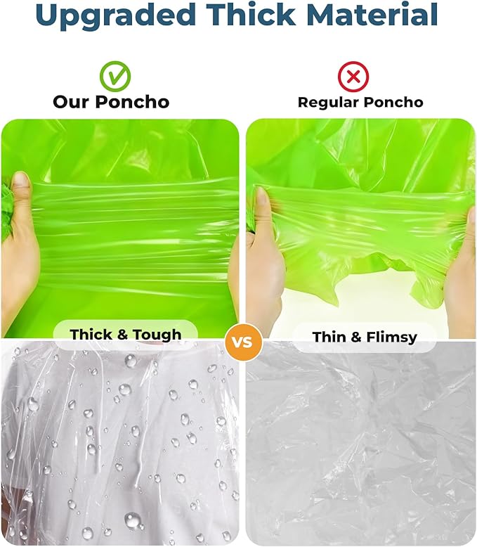 Disposable Rain Poncho Family 10 Pack for Adults & Kids with Hood - 2X-Thicker for Theme Parks, Travel & Outdoors
