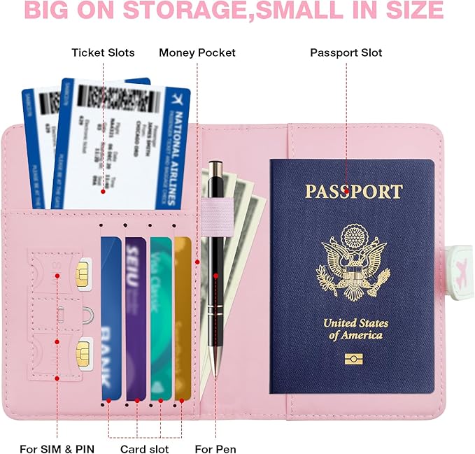 Passport Holder with Airtag Slot, RFID Blocking Leather Cover Wallet for Travel Essentials, Cute Passport Book with Magnetic Buckle, Travel Accessories for Women