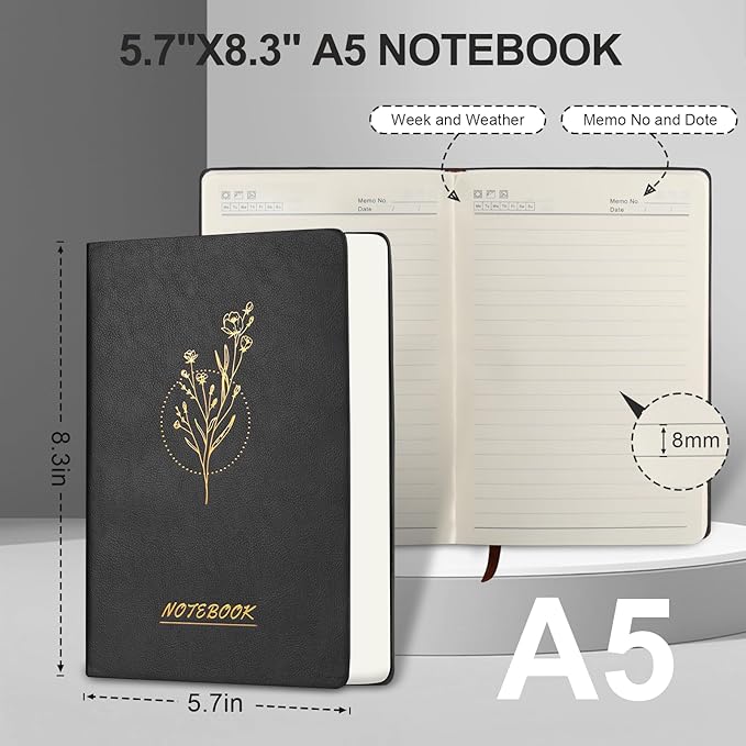 Fetinar Aesthetic Lined Journal Notebook for Women,300 Pages Softcover Leather Lined Journal Notebook,300 Pages Daily Journal, College Ruled Notebook for Work School, Note Taking 5.75''X8.38'' Black