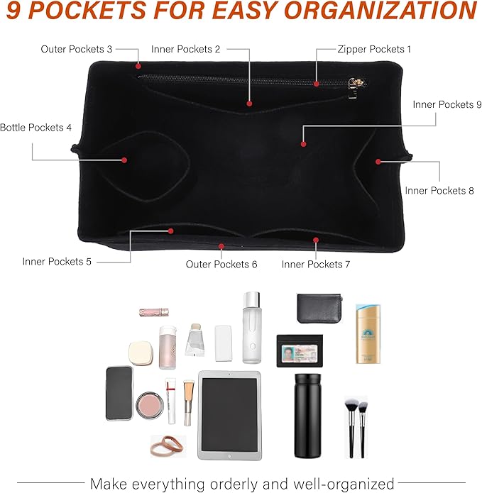Fit Longchamp Organizer Insert, Zipper Long Champ Le Pliage Bag Organizer Insert with Cup Holder, 9 Compartments, Large, Black