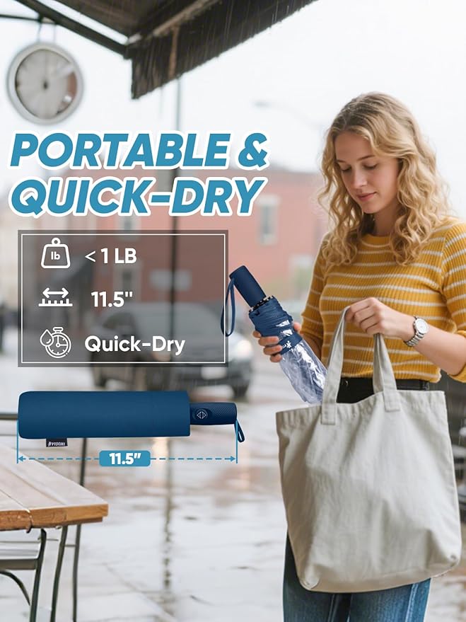 PTEROMY Windproof Travel Umbrellas for Rain and Sun, Withstands 85MPH Winds Auto Open Close Folding Umbrella with Ergonomic Handle, Quick Dry Canopy for Commuting or Backpack