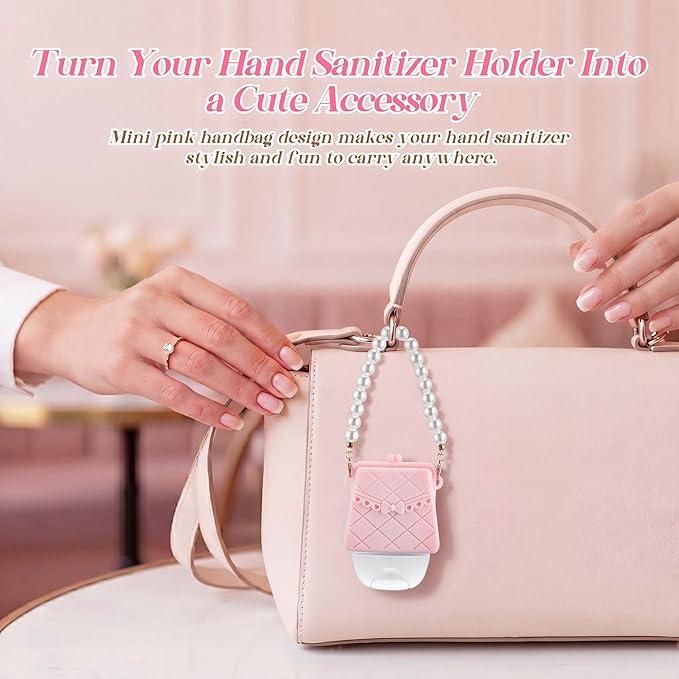 Saillong Cute Hand Sanitizer Holder, Pink Mini Handbag with Pearl Chain, Silicone Holder Compatible with Bath & Body Works PocketBac, Purse Style Body Work Sanitizer Holders