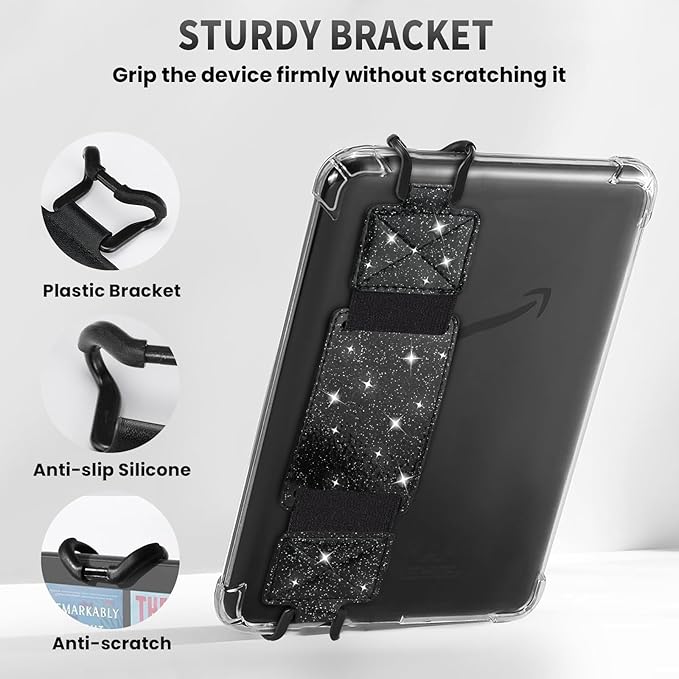 MoKo 2 Pack Security Hand Strap for 6-8" eReaders Fire Tablet -Kindle/Kobo/Voyaga/Lenovo/Sony E-Book Tablet, High-Elasticity Versatile Hand Strap Lightweight Finger Grip Holder, Black+Shiny Black