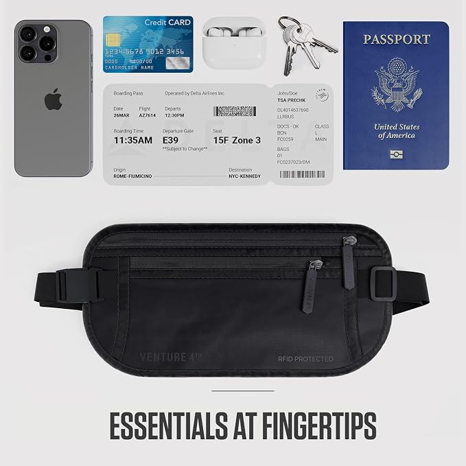 VENTURE 4TH Money Belt for Travel – Slim Hidden Under-Clothes RFID Blocking Anti-Theft Passport Holder & Travel Wallet Pouch for Men & Women to Protect Cash, Cards & Documents (Sleek Black)