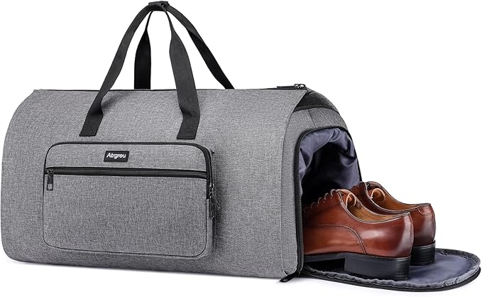Garment Bag for Travel, Large Convertible Carry on Garment Duffel Bag for Men Women with Shoe Compartment, 2 in 1 Hanging Dress Suitcase Suit Travel Bags, Grey