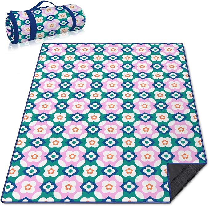 Block Floral Picnic Blankets Waterproof Foldable, 60″X80″Boho Thick Picnic Mat Outdoor Blanket for Grass,Cute Beach Blanket Sandproof Picnic Accessories for Camping Picnic Party Park Hiking