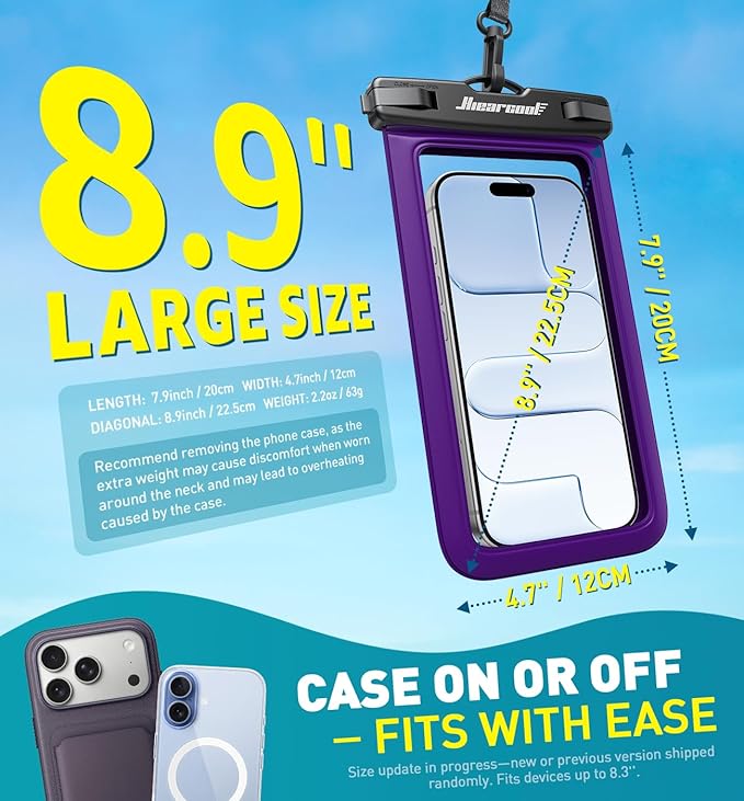 Hiearcool Universal Waterproof Phone Pouch, Dry Bag Compatible for iPhone 17 16 15 14 13 Pro Max XS Plus Samsung Galaxy S22 Cellphone Up to 8.9", IPX8 Water Proof Cell Phone Case for Beach-2Pack