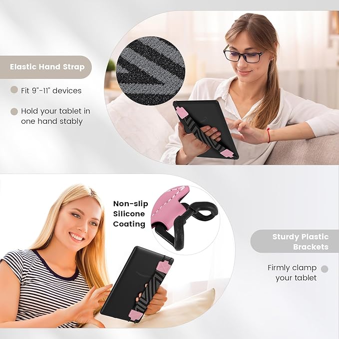 MoKo Security Hand-Strap for 9-11 Inch Tablet - iPad/Pro/iPad Air/Kindle Fire HD/Samsung/Lenovo, High-Elasticity Versatile Hand Strap Lightweight Finger Grip Holder, Pink