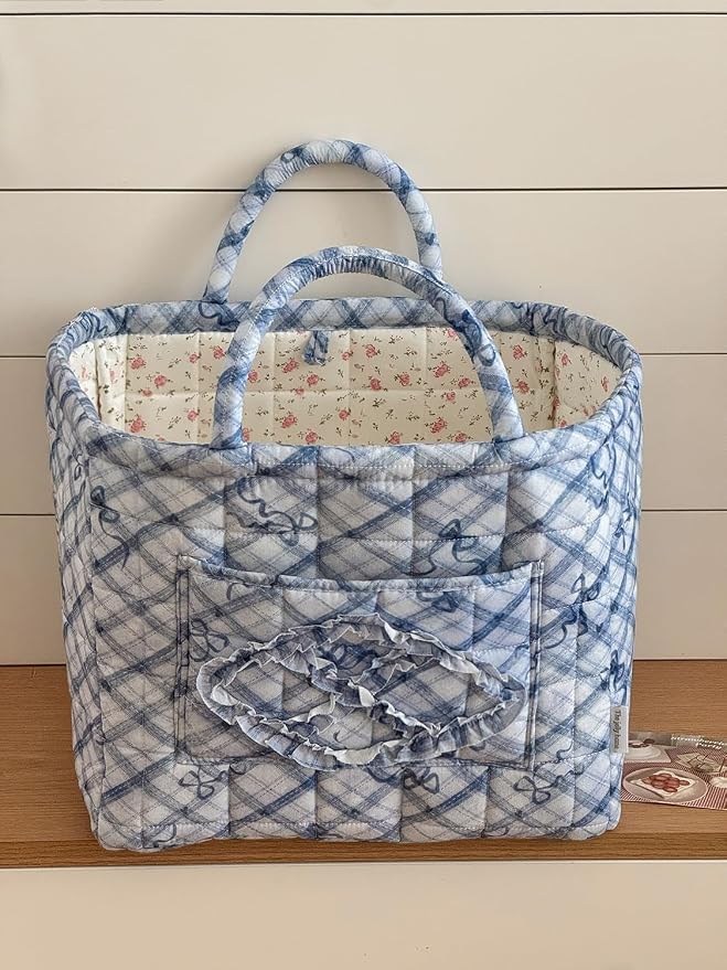 Floral Fabric Storage Basket Car Interior Storage Basket Underwear Sundries Laundry Baskets Supplies Home Organizer Bag (blue bow)