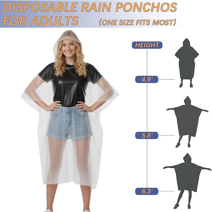 30 Pack Disposable Rain Ponchos for Adults, Emergency Clear Poncho with Hood Waterproof Bulk Plastic Rain Coat Family Pack for Hiking, Camping, Travel