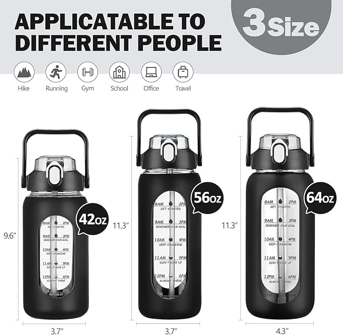 64oz Glass Water Bottles with Straw, Half Gallon Motivational Glass Bottle with Silicone Sleeve and Time Marker, 2L Leakproof Large Glass Water Jug for Gym Home Office,Black