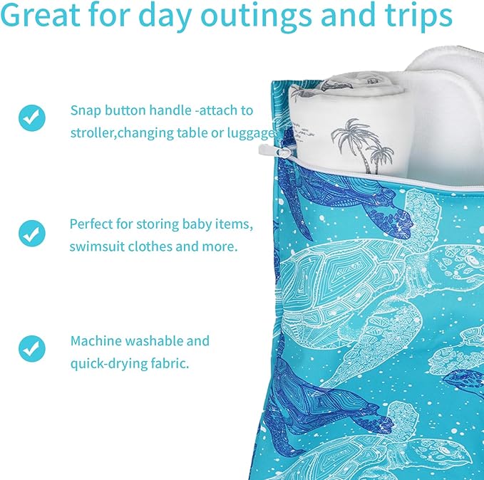 2 Pcs Wet Bags Waterproof Reusable Zippered Pocket Cloth Diaper Wet Dry Bags for Travel Beach Pool Swim, Baby Diapers,Gym Yoga Wet Clothes,Swimsuit,water wipes(Blue turtle)