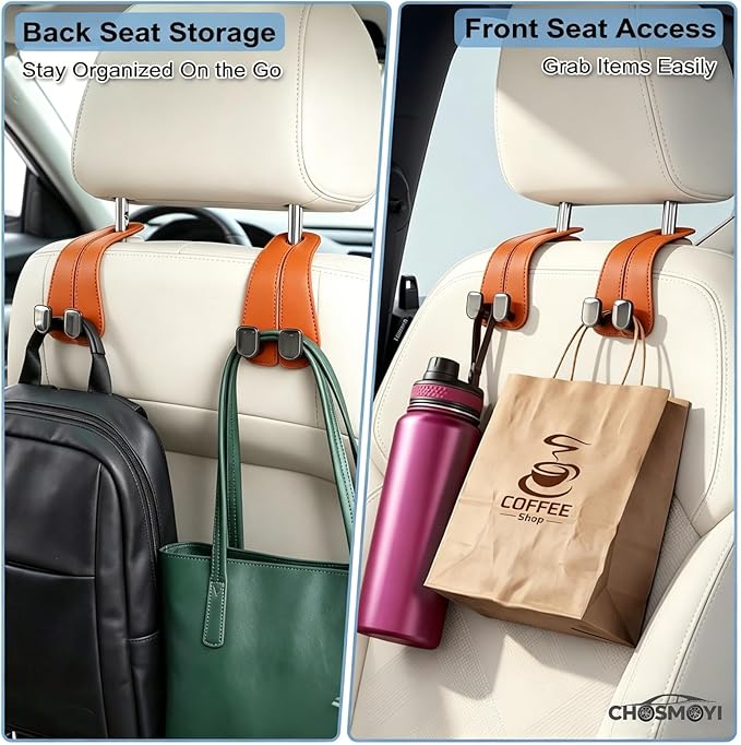CHOSMOYI 2 Packs Car Seat Hooks, Leather Car Headrest Hook, Car Purse Hook Seat Back Hanger Storage Organizer, Car Hook for Purses and Bags(Coral Orange)