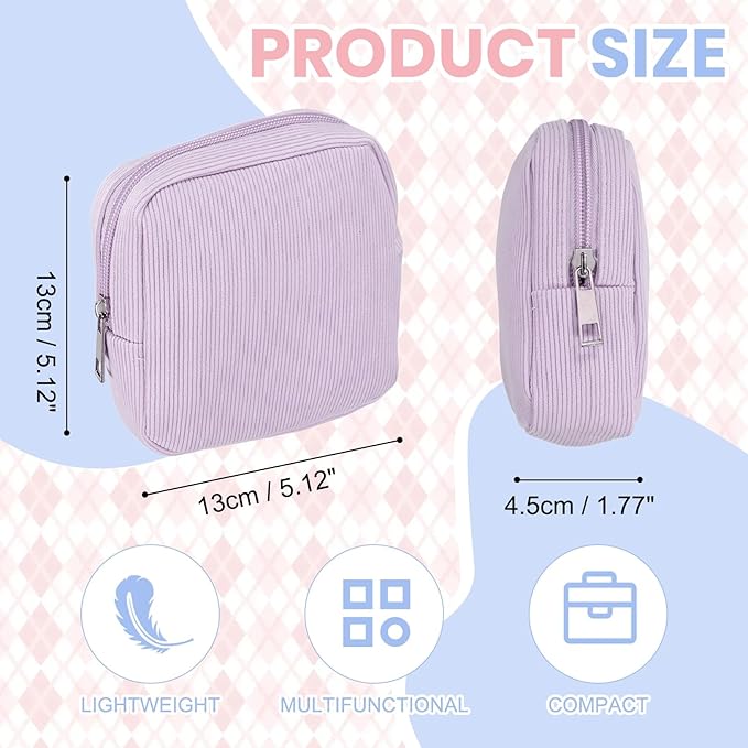 uxcell Period Bag for Teen Girls Women, Portable Corduroy Sanitary Towel Compact Cute Pouch with Zippers, Small Pouch Napkin Storage Pads Holder for Travel, Daily Use, Purse, Purple