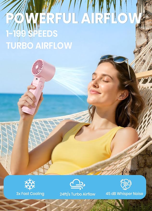 Portable Handheld Turbo Fan, 1-199 Speed Adjustable with LED Display, High-Power Motor, Rechargeable Battery, 4 IN 1 Pocket Design Mini Fans for Indoor/Outdoor/Travel/Work, Pink