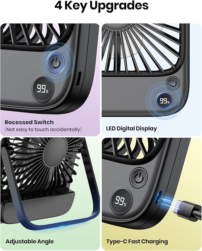 TOPK 2 Pack 5000mAh Portable Desk Fan, Ultra-Thin Rechargeable Battery Operated Fan with Digital Display, Quiet 4-Speed Small Personal Travel Fans for Office, Bedroom, Cruise, Outdoor