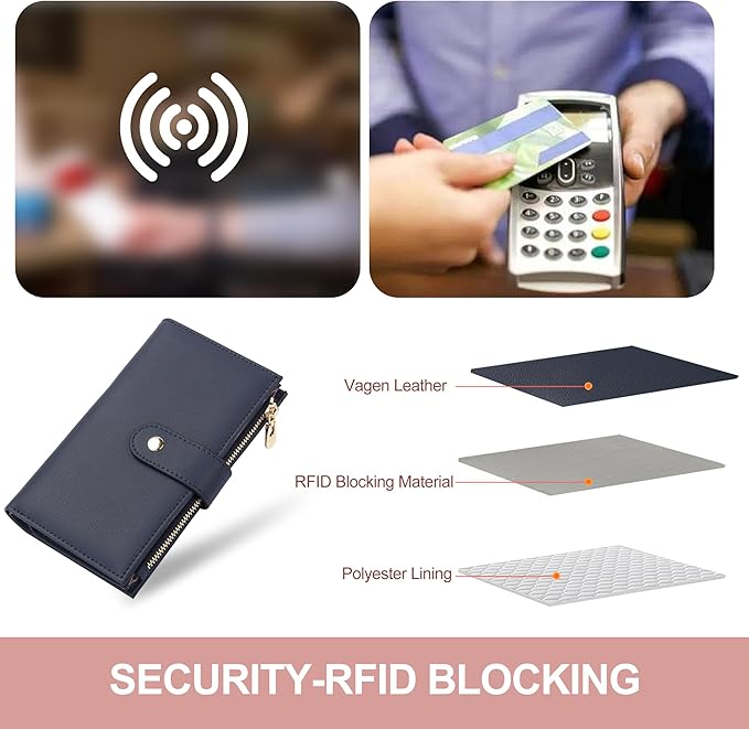 yiijay Wallet for Women RFID Blocking Leather Trifold Clutch Wallet Credit Card Holder Ladies Travel Wallet Purse with Pen Holder