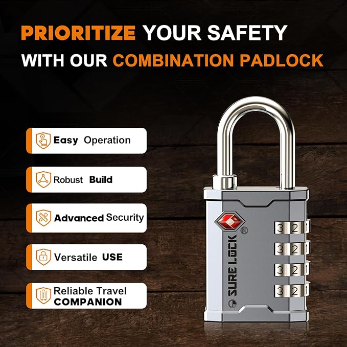 SURE LOCK TSA Accepted 4 Dig Heavy Duty Big Combination Luggage Padlock All Metal Travel Lock for Equipment Hard Case Luggage Gun Case Gym Locker Pelican Vault Lock (1, Silver)