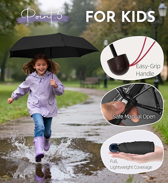 Travel Mini Umbrella Compact Small & Lightweight, UV Rain Protection, Pocket-Sized Folding Umbrellas with Quickdraw & Case for Men Women & Kids Backpack