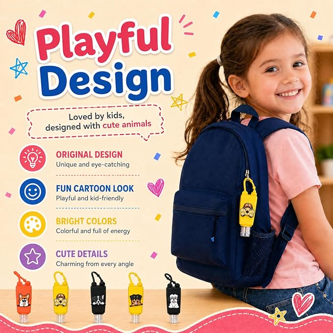 5-Pack Cartoon Kids Hand Sanitizer Holder, 30ml Travel Size Refillable Bottles with Silicone Case, Leak-Proof Portable Containers for Lotion & Liquid Soap (Puppy Pal)