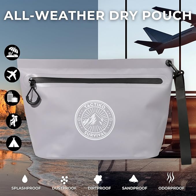 Tactiko 3L Water Resistant Pouch - Waterproof Material with Splashproof Zipper - Zipper Bag for Storage, Toiletries, Travel, Beach, Cruise, Home (Gray)