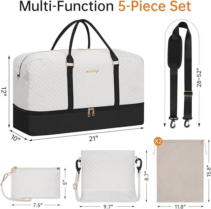 Weekender Bag for Women, 5 Pcs Set Carry on Overnight Bag, 21" Travel Duffel Bag with Waterproof Shoe Compartment for Weekend Travel Business Trip