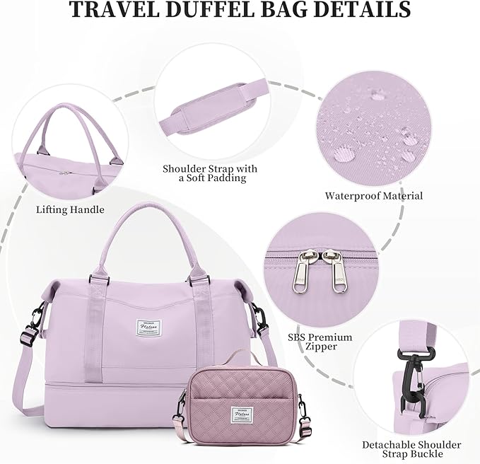 Weekender Bags for Women,Carry On Overnight Travel Duffel Personal Item Bag with Shoes Compartment & Grid Toiletry Bag,Large,Purple
