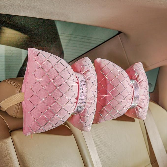 Carwales Car Headrest Pillow Pink Sparkly Bling Rhinestone Accessories for Women Bow Seat Neck Support Pillow for Travel Driver Chair Head Rest 2pcs