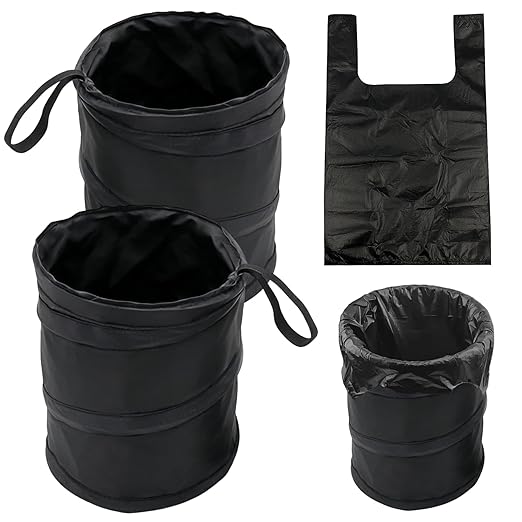 2 Pcs 1 Gallon Collapsible Car Trash Can with 20 Garbage Bags | Foldable Hanging Mini Automotive Garbage Bin | Waterproof Leakproof Pop-Up Vehicle Rubbish Organizer