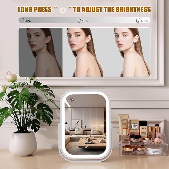 Rechargeable Travel Makeup Mirror, 8"×6" Small Vanity Mirror with Lights, 1500mAH Battery, 3-Color Lighting, Dimmable, 360° Rotation, Portable Desk Mirror with Storage Pouch, Travel Essentials (White)